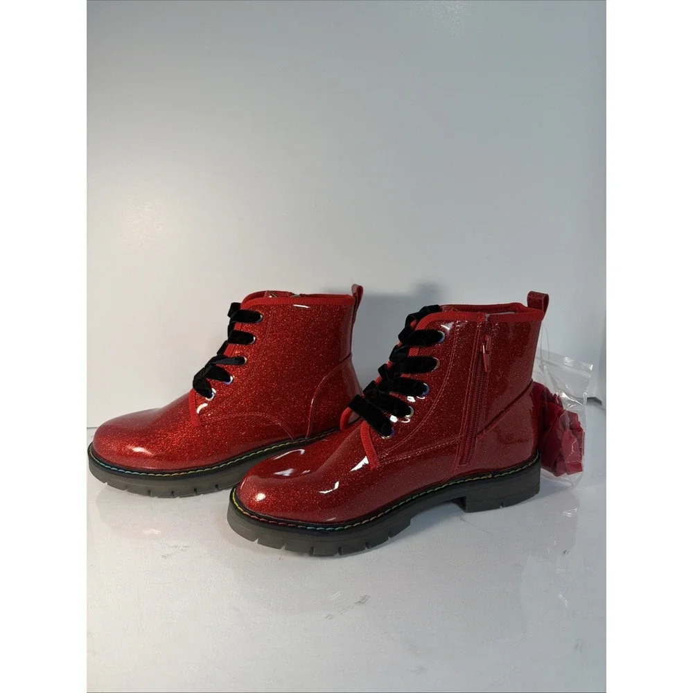 Dream Pairs Kids Girls Red  Glitter Ankle Boots Side Zipper PU Combat Boots